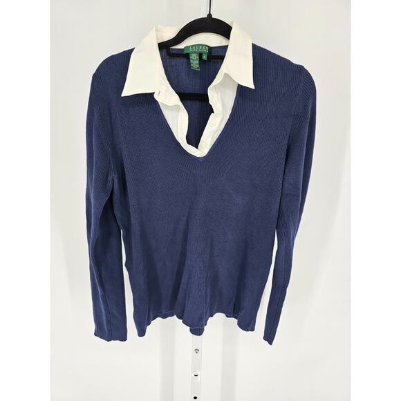 Lauren Ralph Lauren Tops - Lauren Ralph Lauren Womens Sz XL Layered Knit Blouse Blue w/ White Collar
